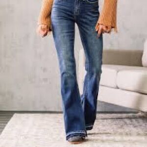 FLYING MONKEY Jeans Flare High Rise Split Stretch BUCKLE Blue Size 27 Long